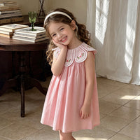Girls Pink Floral Embroidered Sleeveless A-Line Dress Casual Dresses