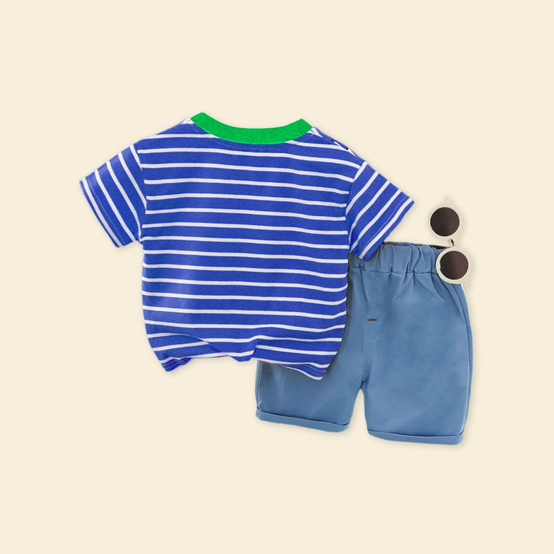 Boys Blue Striped Lion Applique T-Shirt With Denim Shorts Sets   