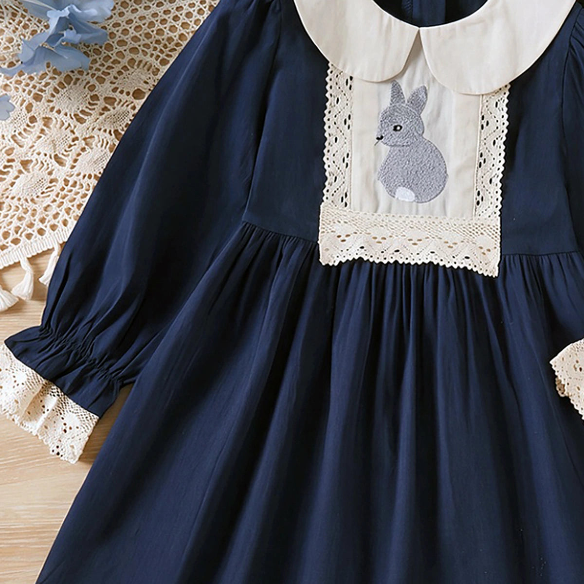 Girls Navy Blue Bunny Embroidered Peter Pan Collar Dress Casual Dresses