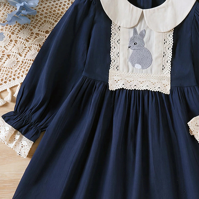 Girls Navy Blue Bunny Embroidered Peter Pan Collar Dress Casual Dresses