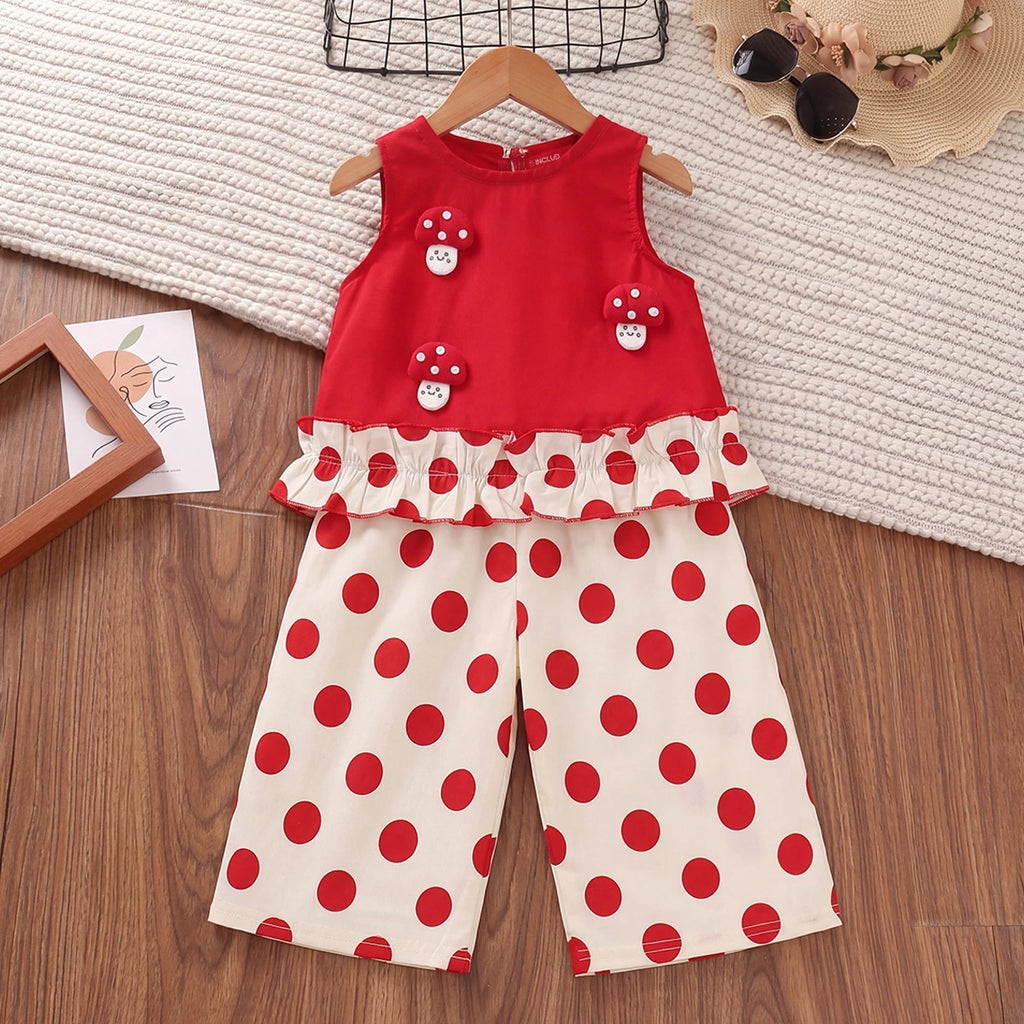 Girls Red Mushroom Applique Sleeveless Top With Polka Dot Pants Sets 2 pc. Sets Red 1-2 Y