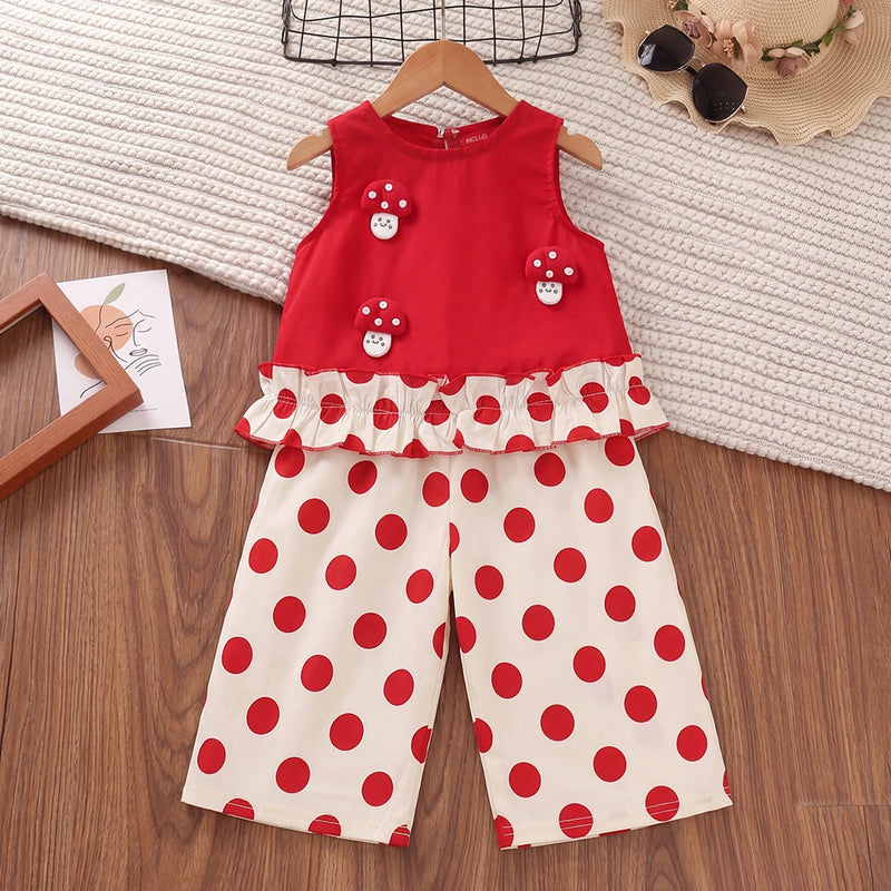 Girls Red Mushroom Applique Sleeveless Top With Polka Dot Pants Sets 2 pc. Sets Red 1-2 Y