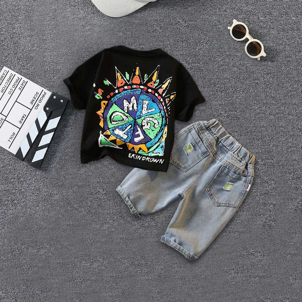 Boys Black Graphic Print T-Shirt With Denim Shorts Set Sets Black 1-2 Y 