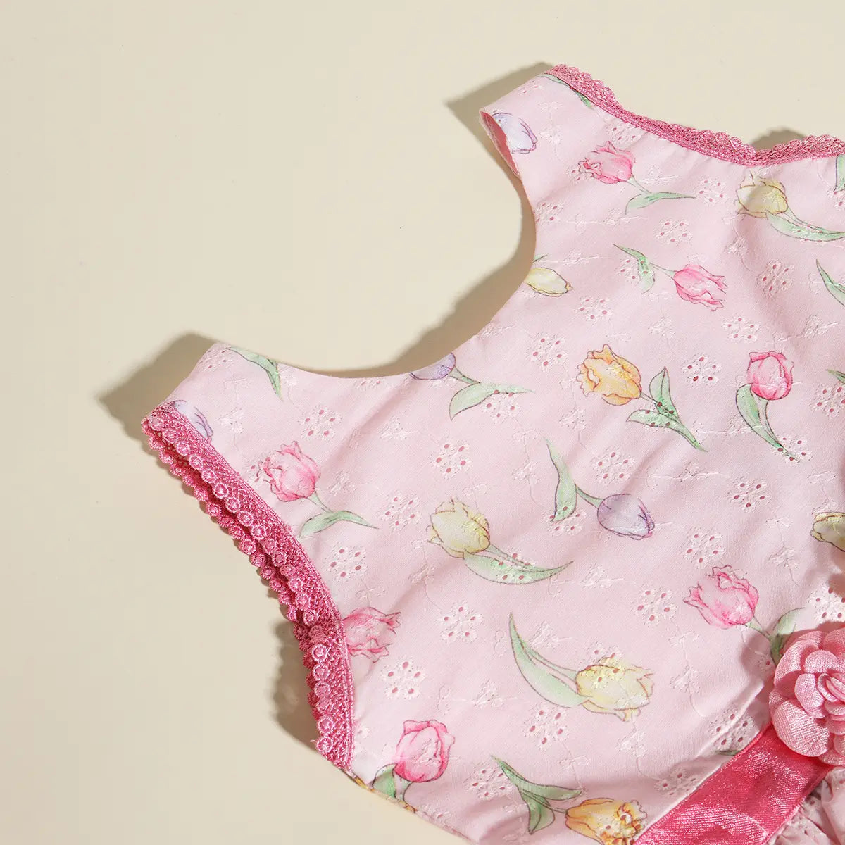 Girls Pink Floral Fit & Flare Schiffli Dress With flower Satin Belt Casual Dresses
