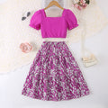 Girls Purple Puff Sleeves Top With Printed Tiered Skirts Set 2 pc. Sets Purple 7-8 Y