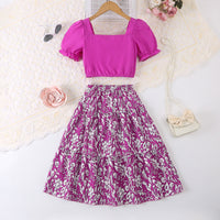 Girls Purple Puff Sleeves Top With Printed Tiered Skirts Set 2 pc. Sets Purple 7-8 Y