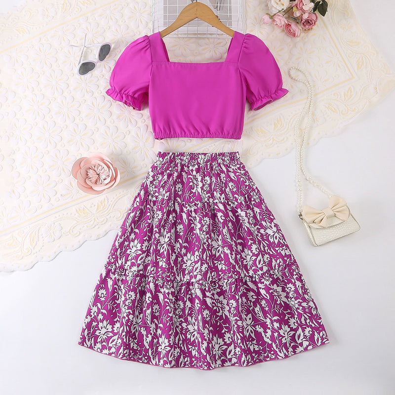 Girls Purple Puff Sleeves Top With Printed Tiered Skirts Set 2 pc. Sets Purple 7-8 Y