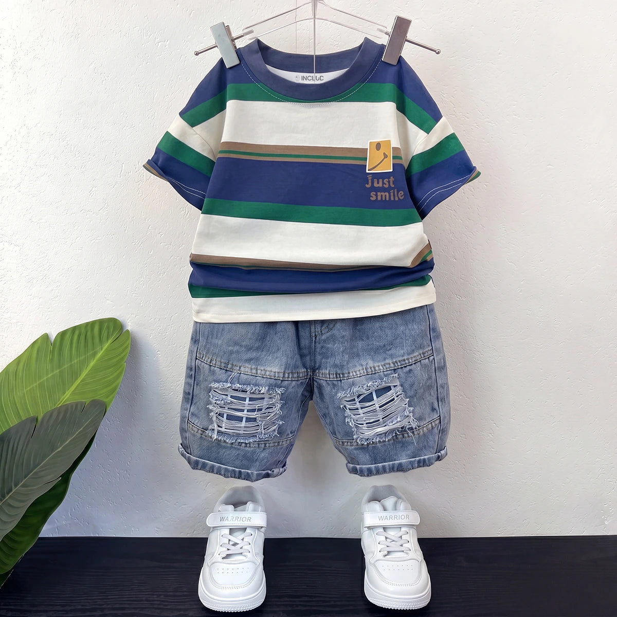 Boys Blue Striped Short Sleeve T-Shirt With Denim Shorts Sets 2 pc. Sets Blue 1-2 Y