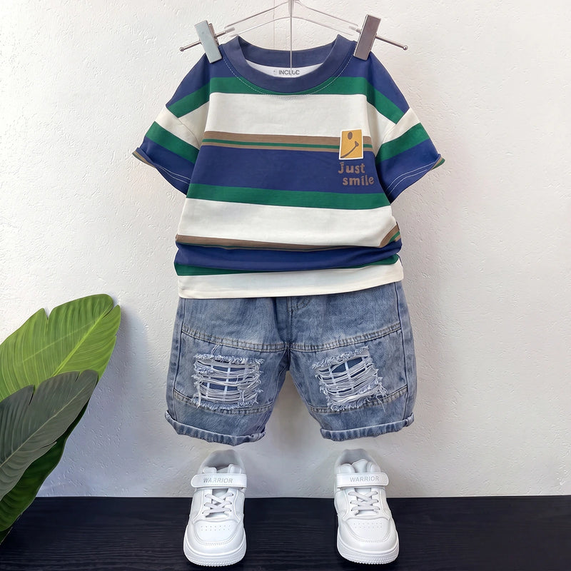 Boys Blue Striped Short Sleeve T-Shirt With Denim Shorts Sets 2 pc. Sets Blue 1-2 Y
