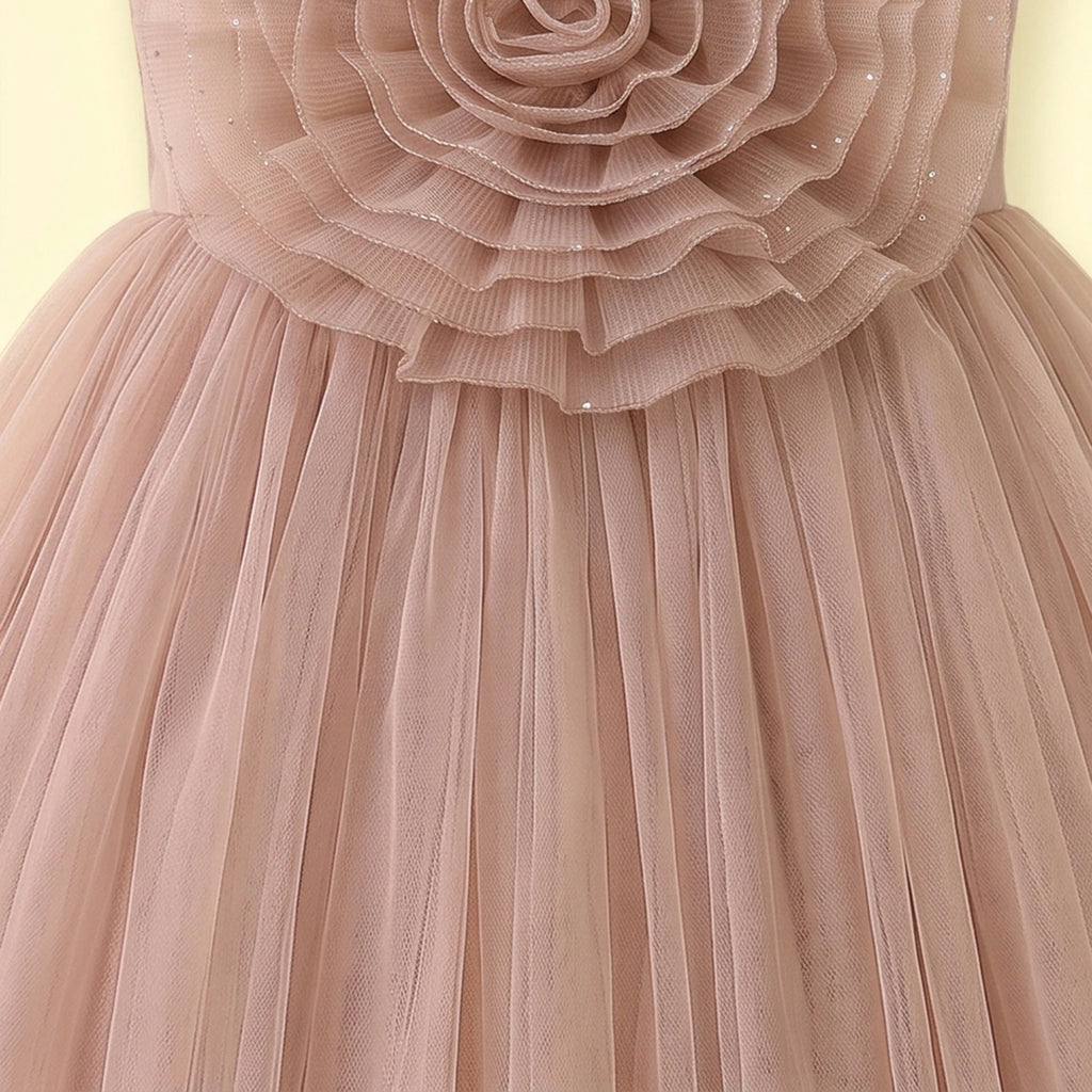 Girls Light Brown Floral Applique Sleeveless Party Gown Party Dresses