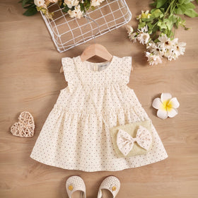 Girls Cream Flutter Sleeve Heart Print Tiered Dress Casual Dresses Cream 1-2 Y