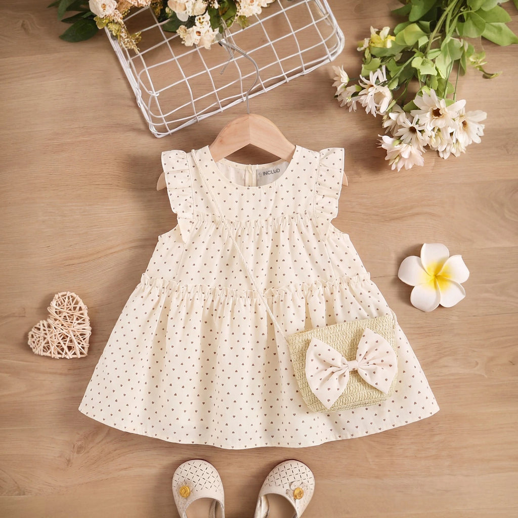 Girls Cream Flutter Sleeve Heart Print Tiered Dress Casual Dresses Cream 1-2 Y
