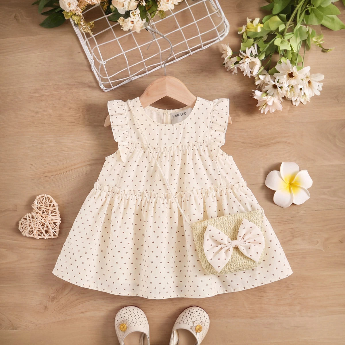 Girls Cream Flutter Sleeve Heart Print Tiered Dress Casual Dresses Cream 1-2 Y