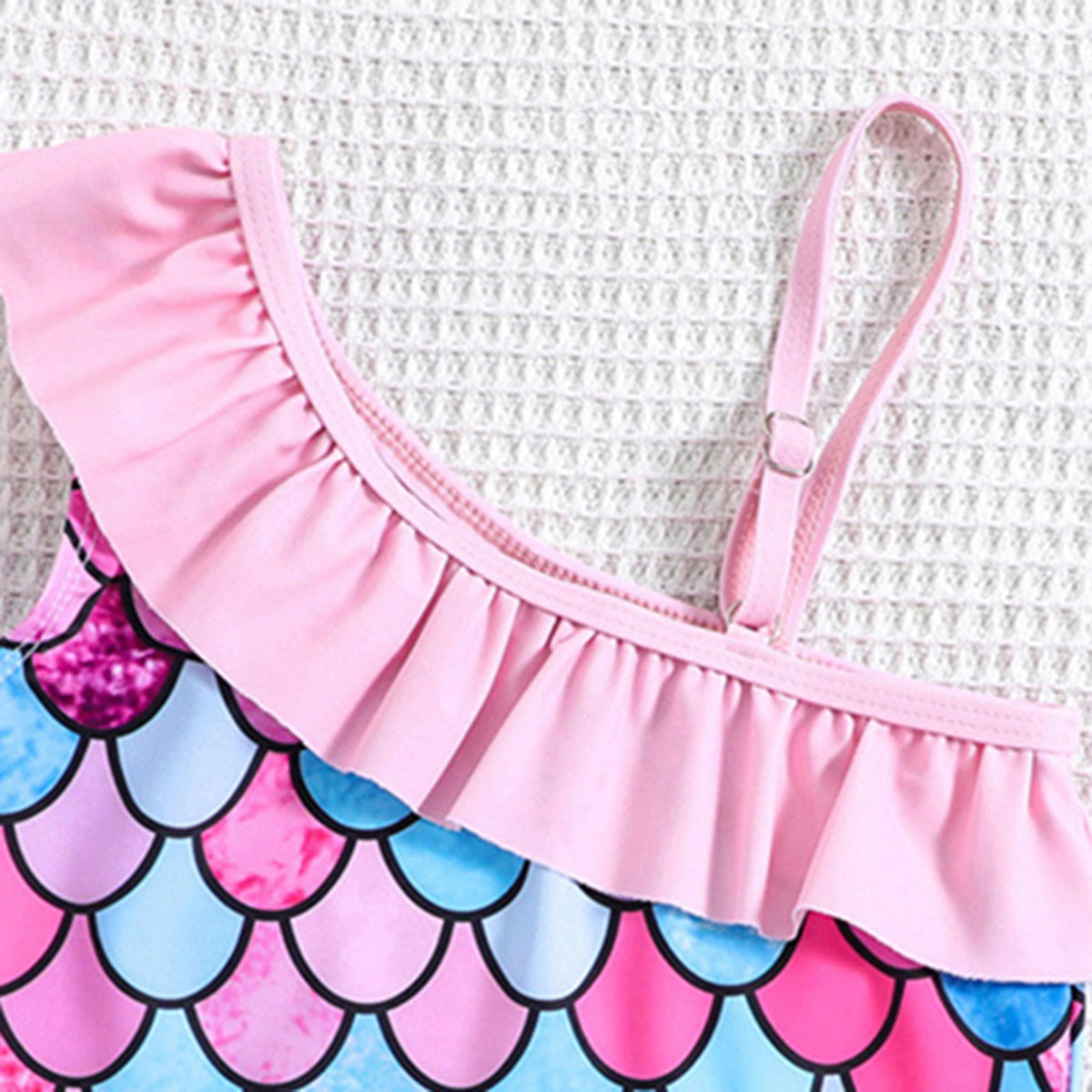 Girls Pink Abstract Print One Shoulder Top With Briefs Swimwear Sets Sets