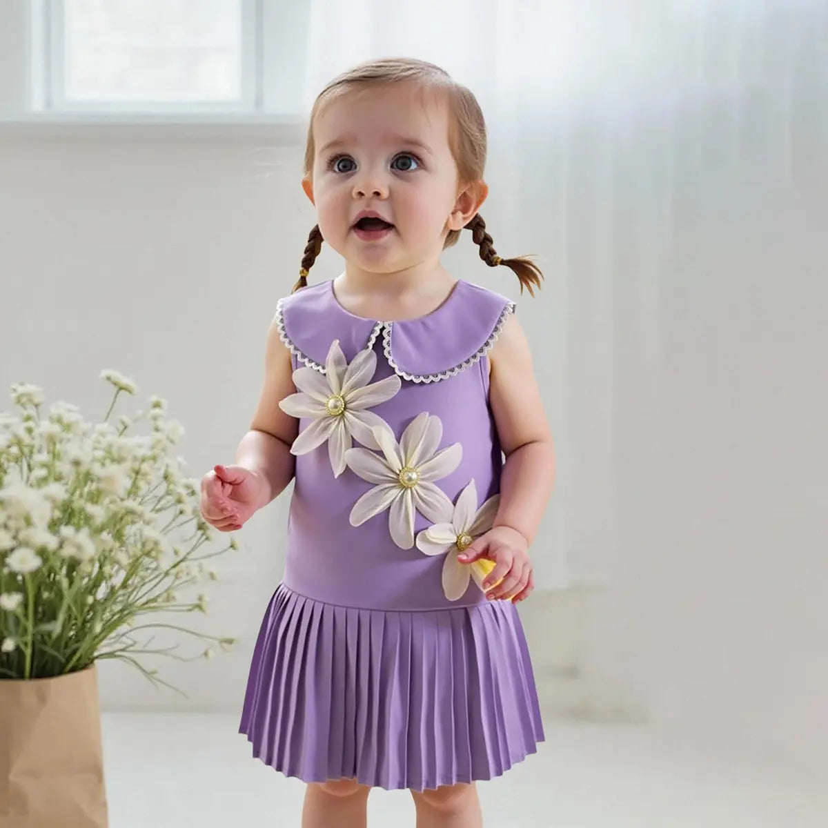 Girls Purple Flowers Applique A-line Dress With Pleated Hem Casual Dresses