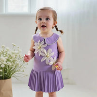 Girls Purple Flowers Applique A-line Dress With Pleated Hem Casual Dresses