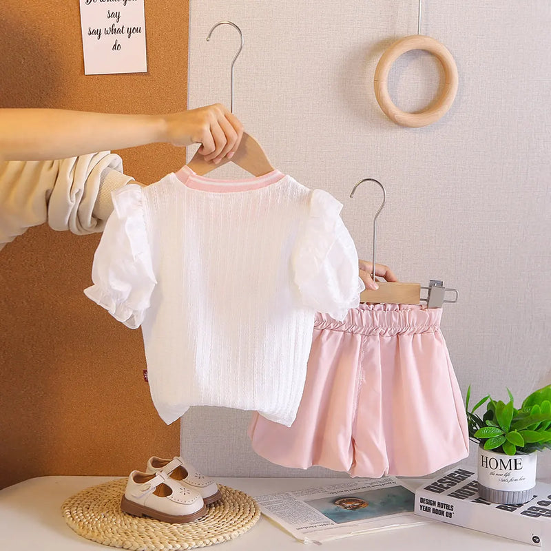 Girls Pink Embroidered Puff Sleeves Top With Purple Bloomer-style Short Sets Sets