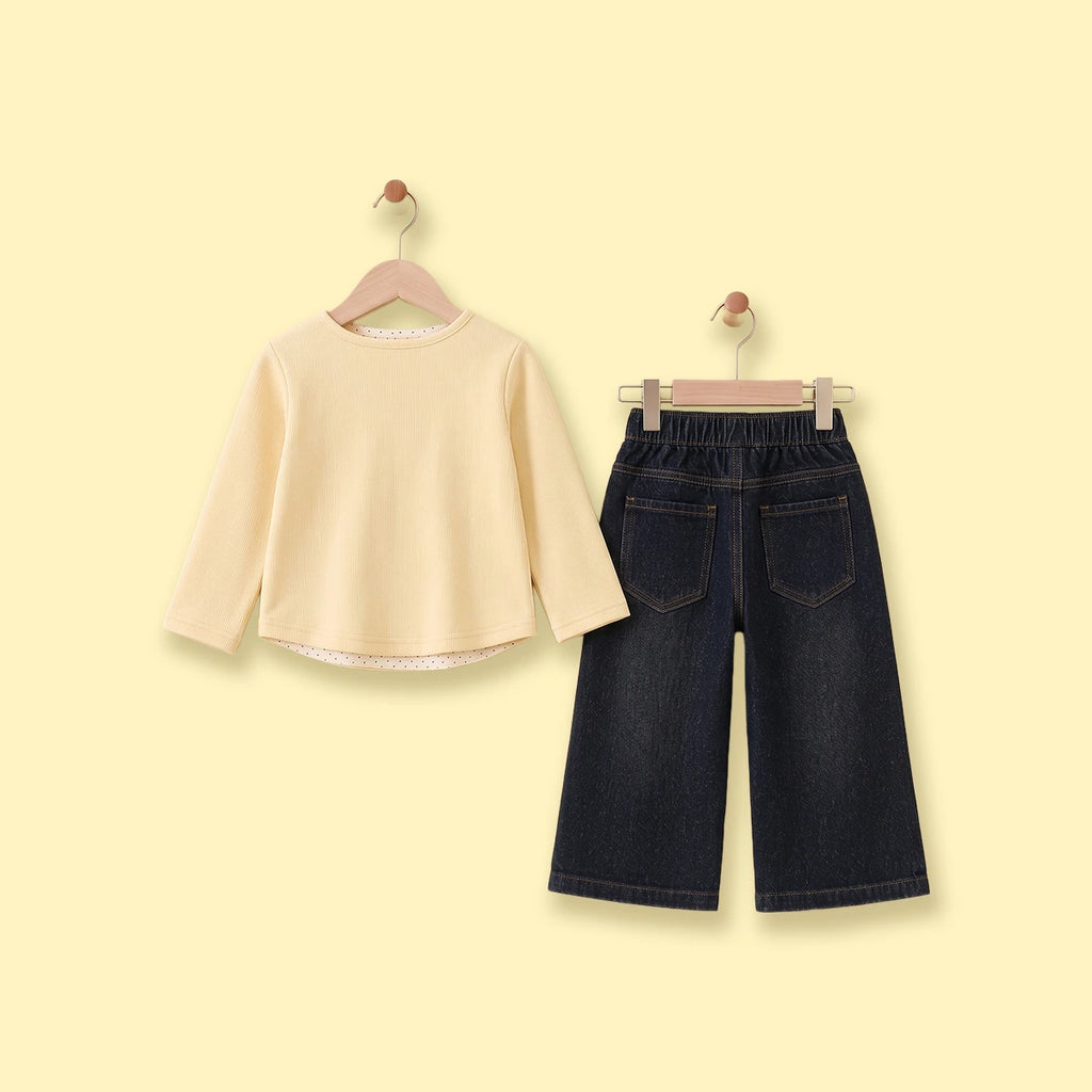 Girls Yellow Polka Dot Printed Top With Denim Pants Sets Sets
