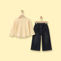 Girls Yellow Polka Dot Printed Top With Denim Pants Sets Sets