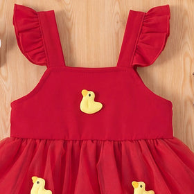 Girls Red Duck Applique Sleeveless Layered Dress Casual Dresses