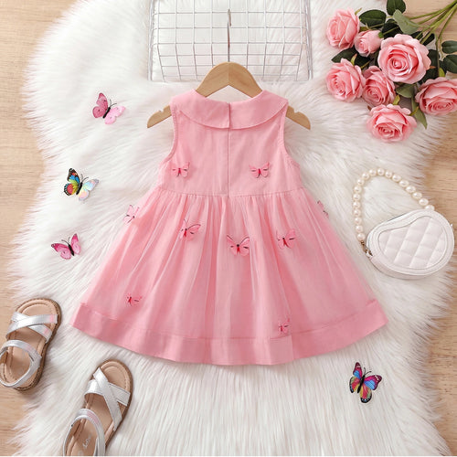 Girls Pink Butterfly Applique Peter Pan Collar Fit & Flare Dress Casual Dresses