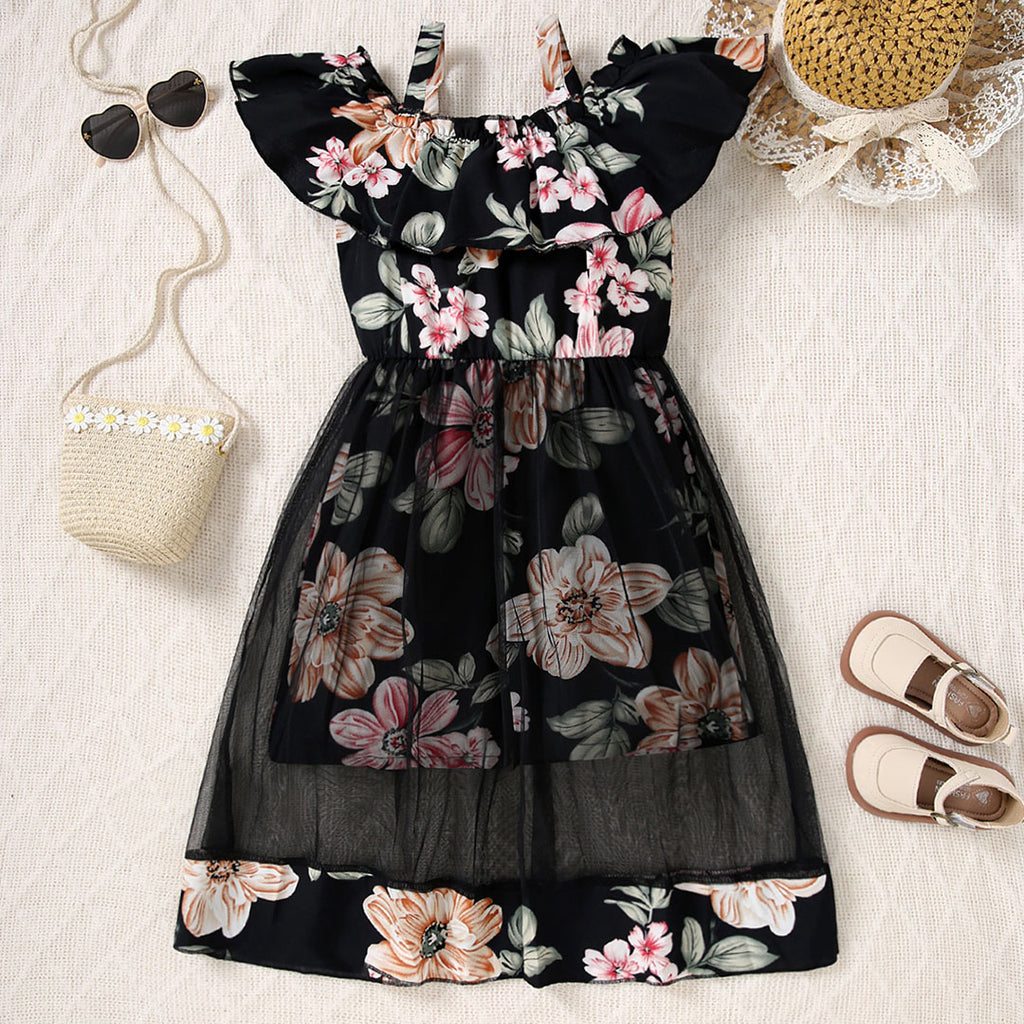 Girls Black Off Shoulder Floral Print Jumpsuit Jumpsuits