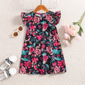 Girls Black Floral Print Flutter Sleeve A-Line Dress Casual Dresses Black 3-4 Y