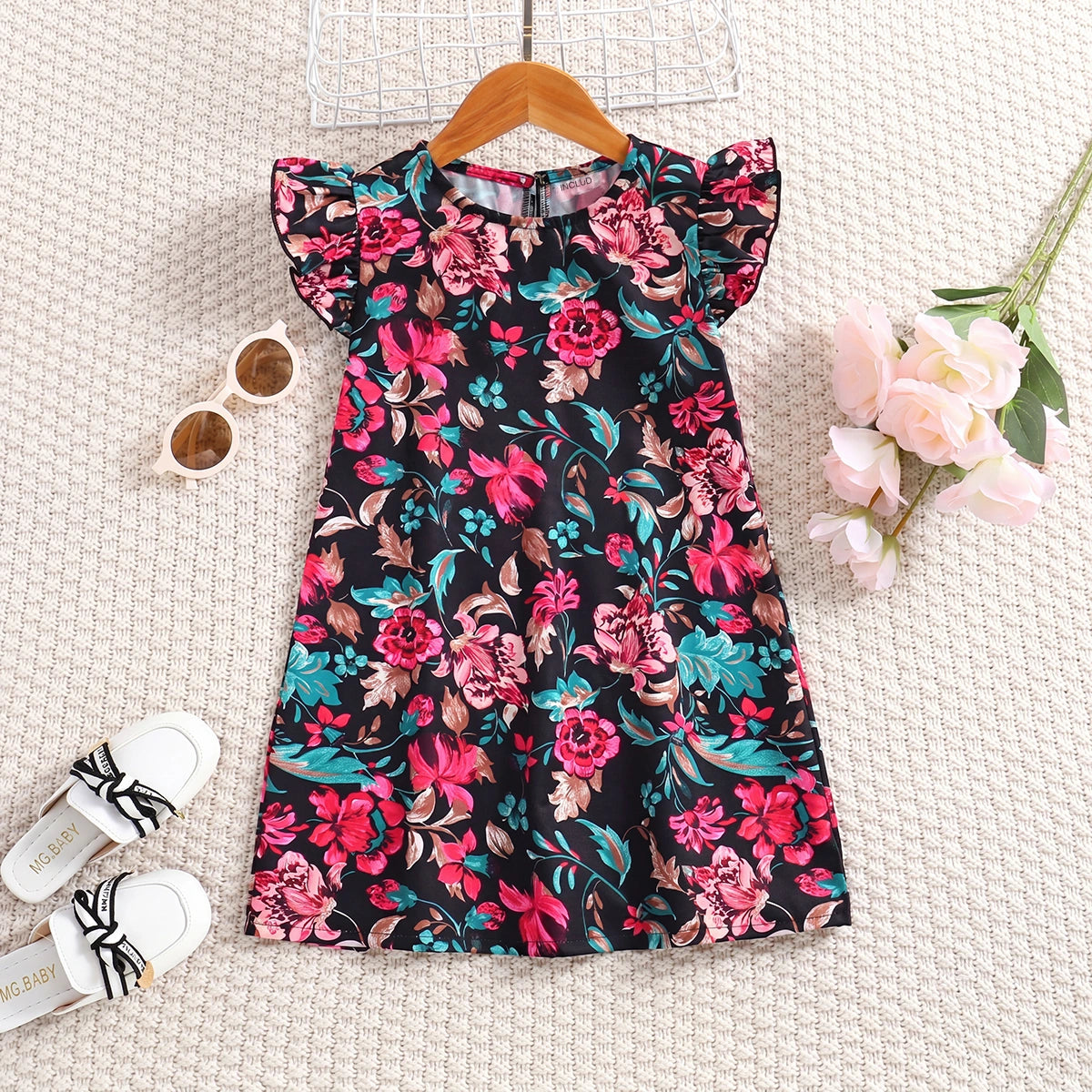 Girls Black Floral Print Flutter Sleeve A-Line Dress Casual Dresses Black 3-4 Y