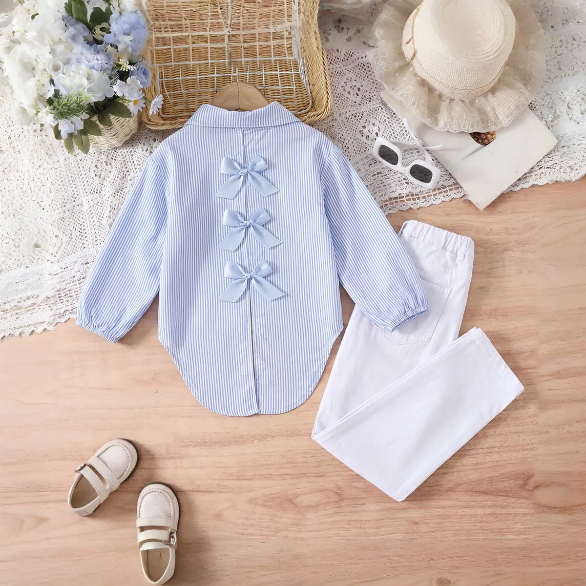 Girls Light Blue Striped High-Low Top With Pants Sets Sets