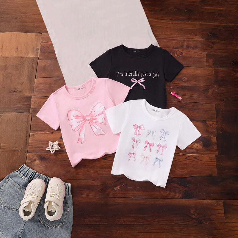 Girls Multicolour Bow Print Short Sleeve T-Shirt Pack Of 3 Tshirts Multicolor 3-4 Y