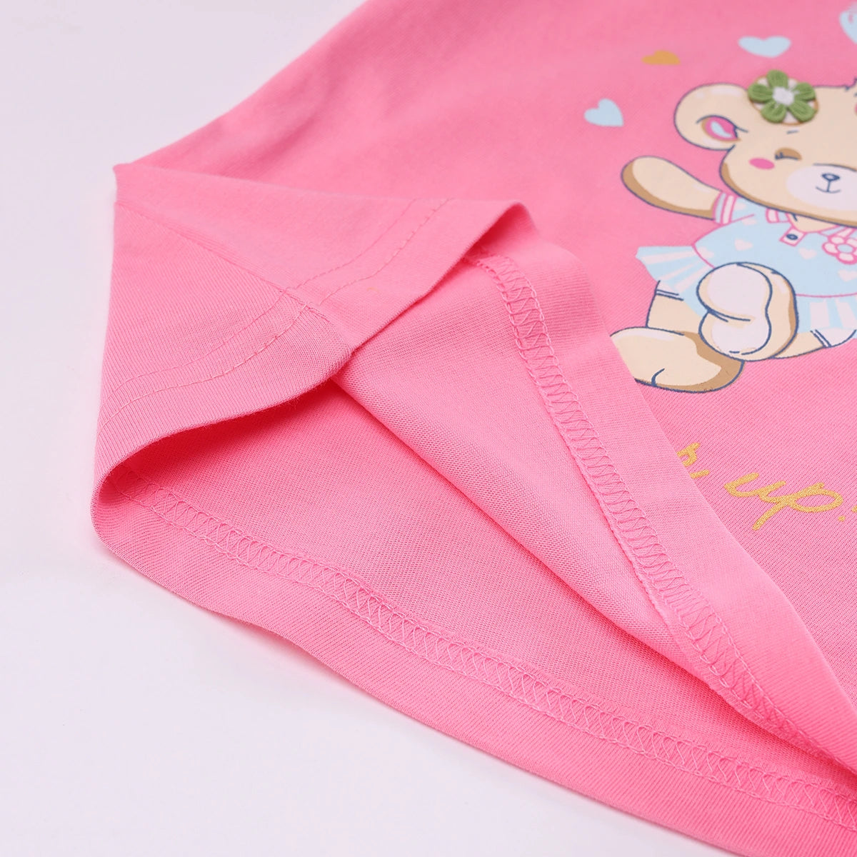 Girls Pink Teddy Bear Graphics Puff Sleeve Top With Printed Shorts Sets Sets