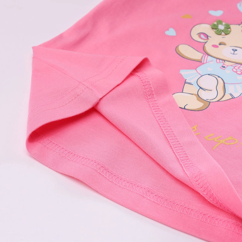 Girls Pink Teddy Bear Graphics Puff Sleeve Top With Printed Shorts Sets Sets