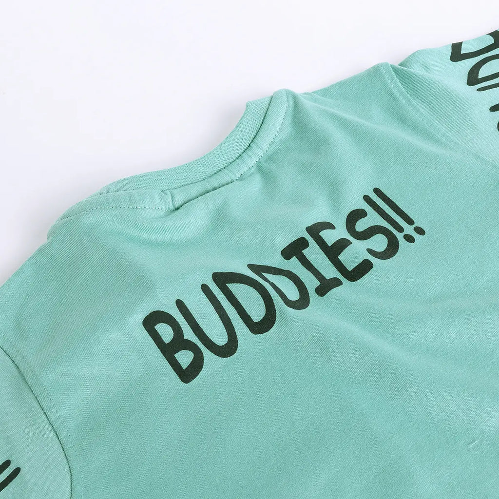 Boys Green Typographic Printed Short Sleeve T-shirts With Elasticated Shorts Sets Sets