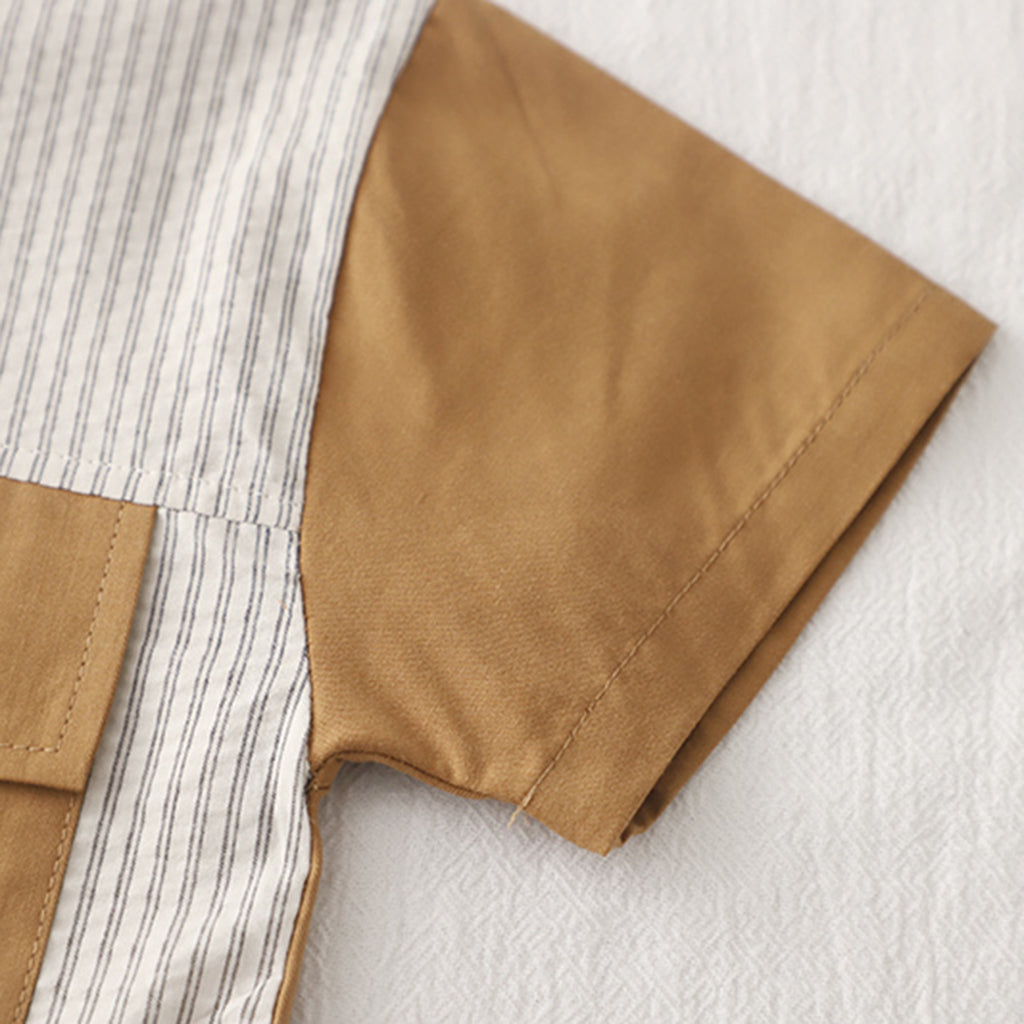 Boys Khaki Color-Blocked Shirt With T-Shirt And Cargo Shorts Set Sets