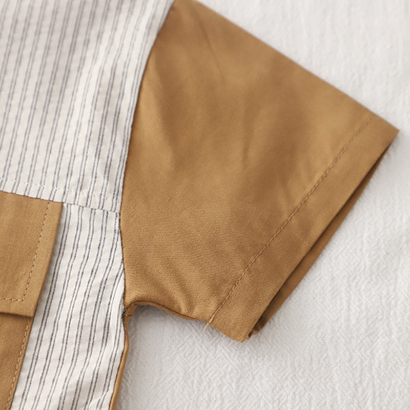 Boys Khaki Color-Blocked Shirt With T-Shirt And Cargo Shorts Set Sets
