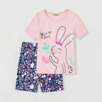 Girls Printed Short Sleeves T-shirt with Navy Floral Print Shorts Set Sets Pink 3-4 Y