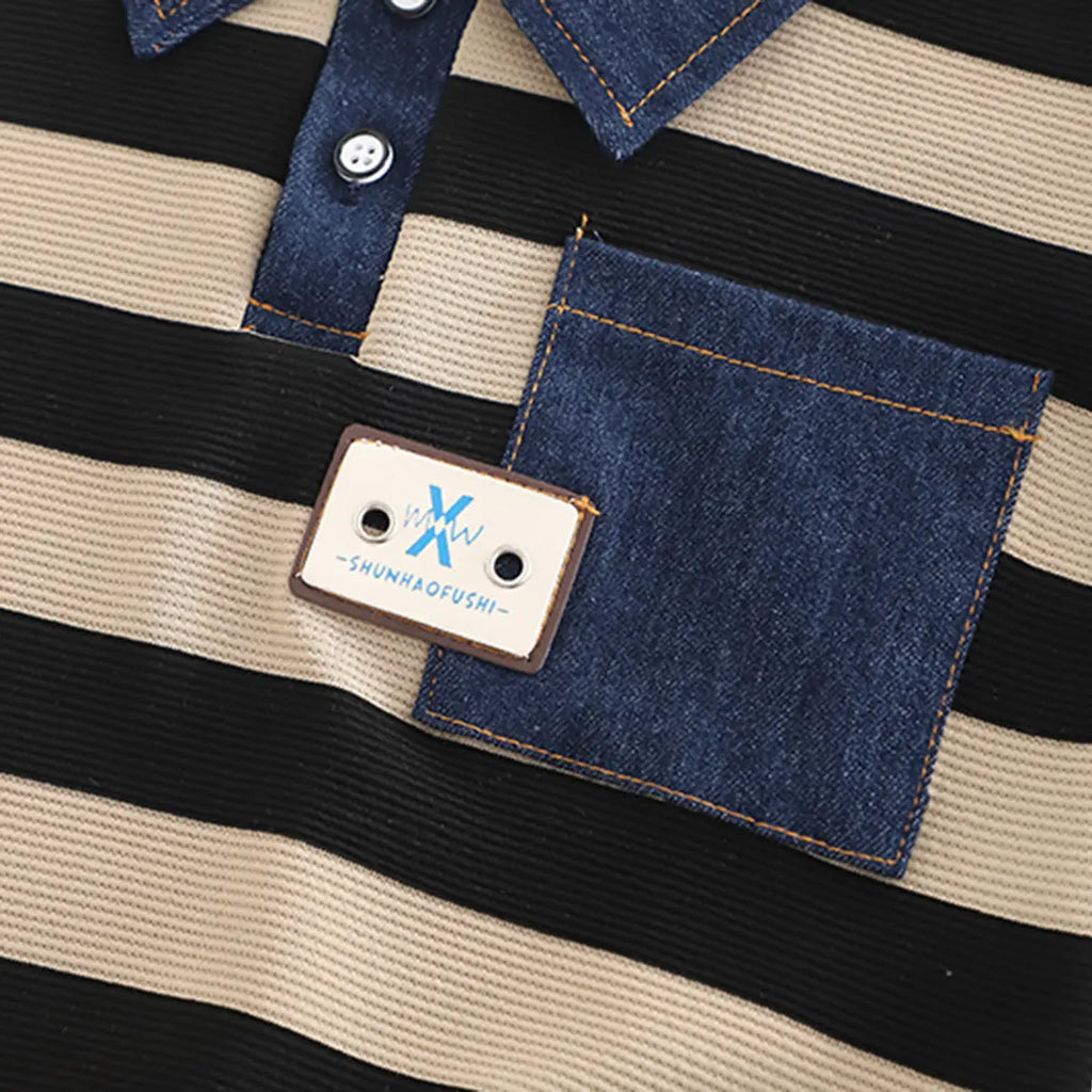 Boys Beige Stripes Polo Sweatshirt With Denim Pants Set Sets