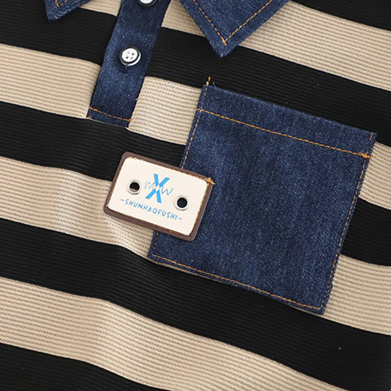 Boys Beige Stripes Polo Sweatshirt With Denim Pants Set Sets
