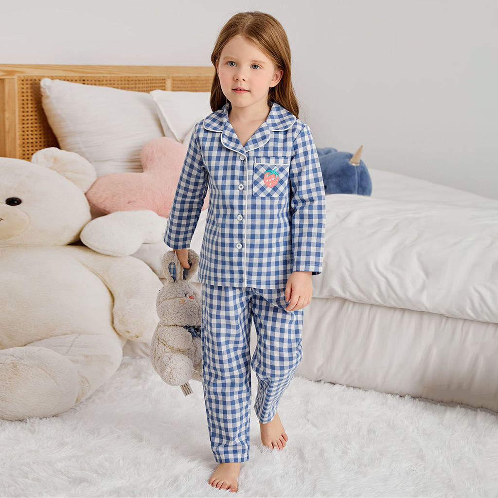 Girls Blue Gingham Check Shirt with Pajama Nightsuit Set Sleepwear Sets