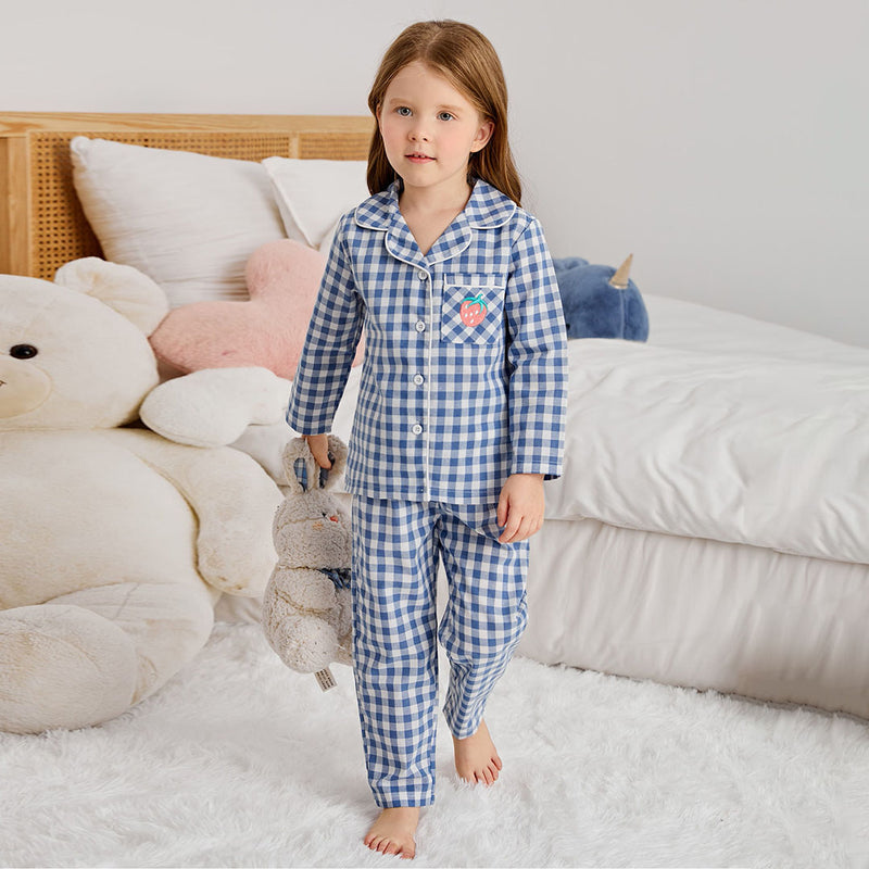 Girls Blue Gingham Check Shirt with Pajama Nightsuit Set Sleepwear Sets