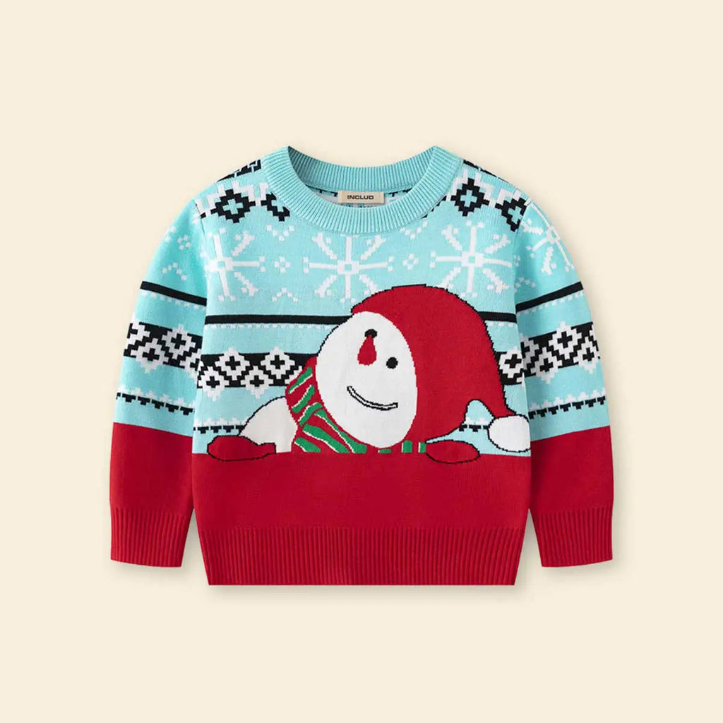Boys Light Blue Self-Design Snowman-Themed Christmas Sweater Sweaters & Cardigans