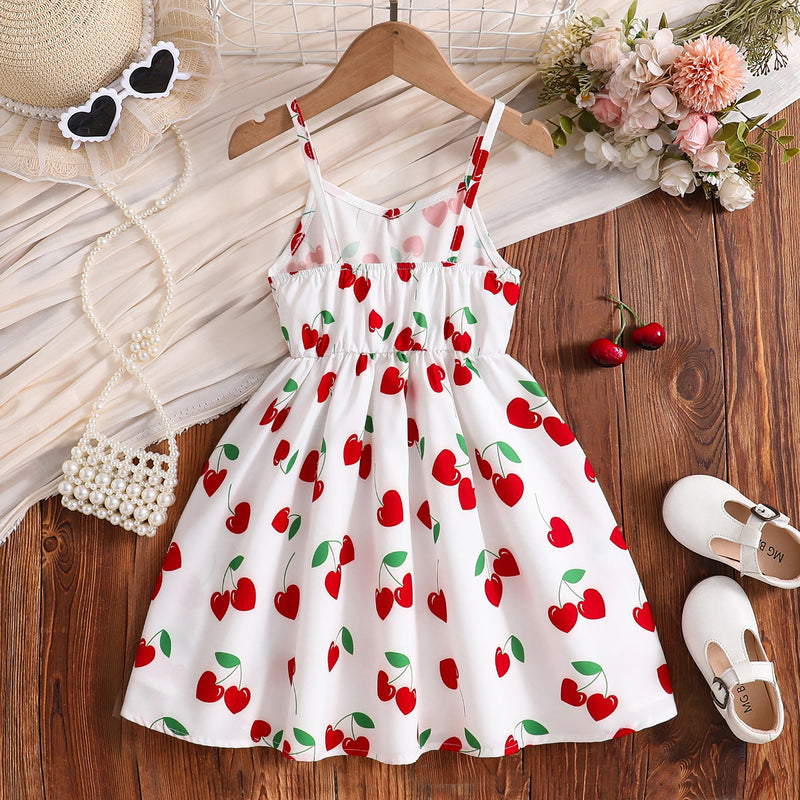 Girls White Heart Printed Sleeveless Dress Casual Dresses