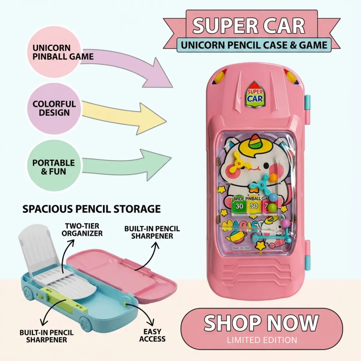 Car Lock Pencil Box with Pinball Game in Pink Color for Girls Trending Accessories