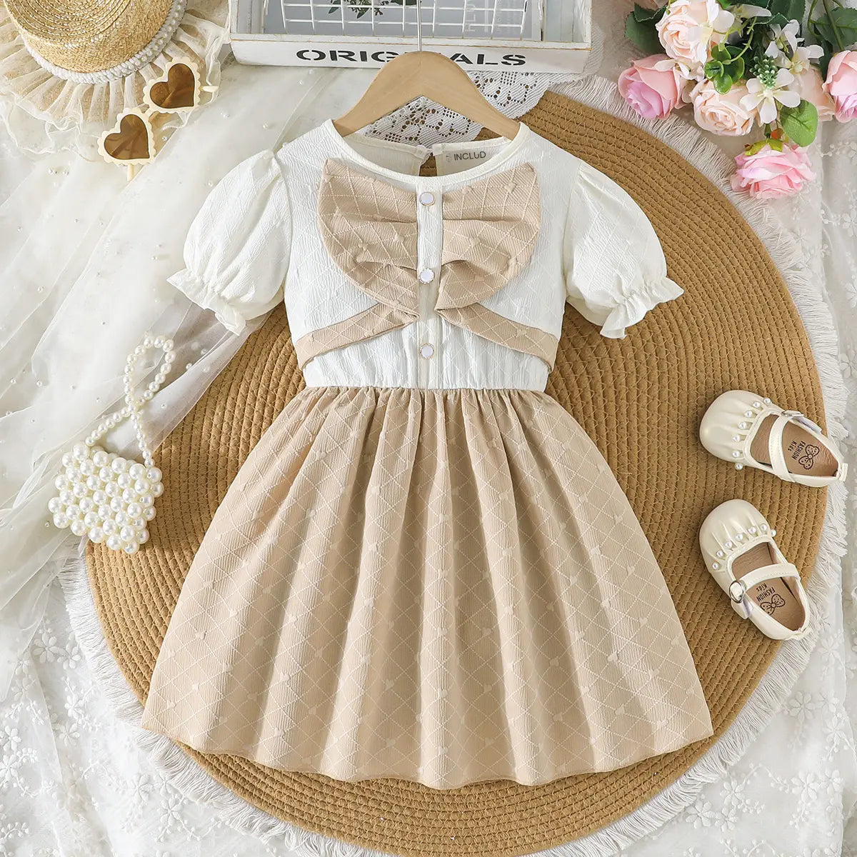Girls Khaki Self Design Triangle Patterns Fit And Flare Dress Casual Dresses Khaki 3-4 Y