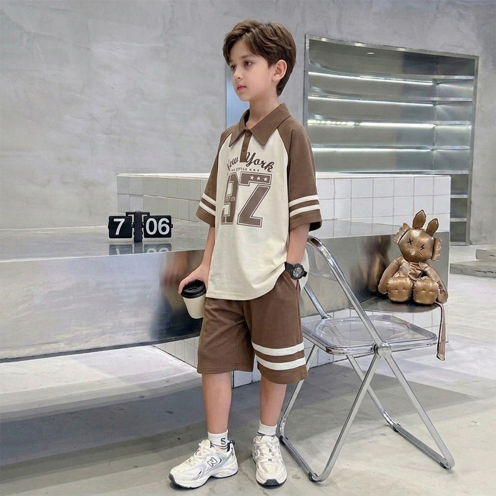 Boys Brown Typographic Short Sleeves Polo T-Shirt With Elasticated Shorts Sets Sets