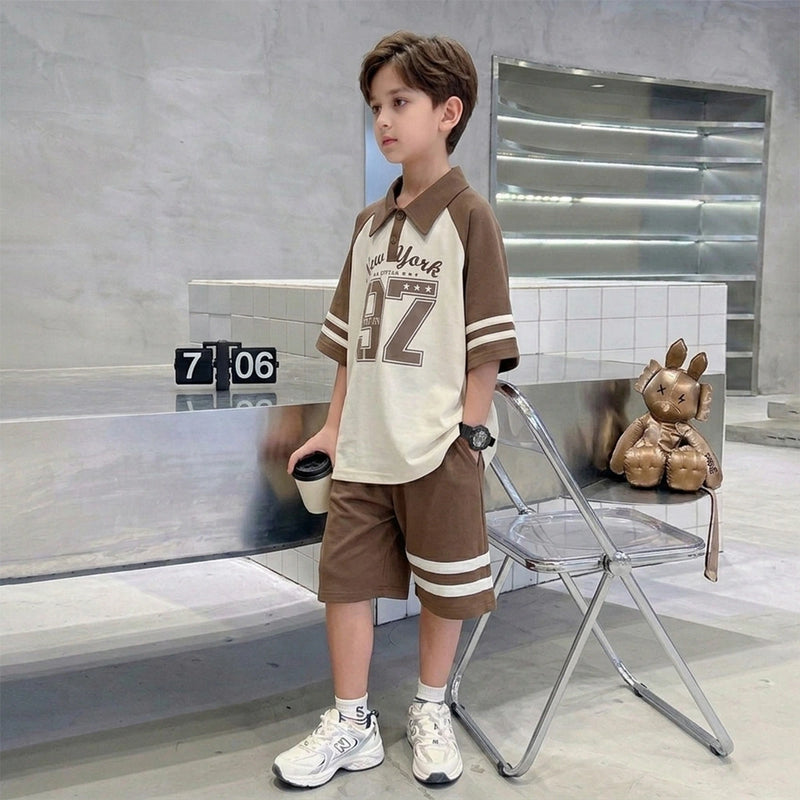 Boys Brown Typographic Short Sleeves Polo T-Shirt With Elasticated Shorts Sets Sets