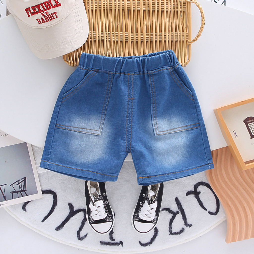 Boys Black Striped Cartoon Graphic Polo T-Shirt With Denim Shorts Set 2 pc. Sets