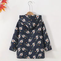 Girls Dark Blue Floral Printed Hooded Jacket Coats & Jackets