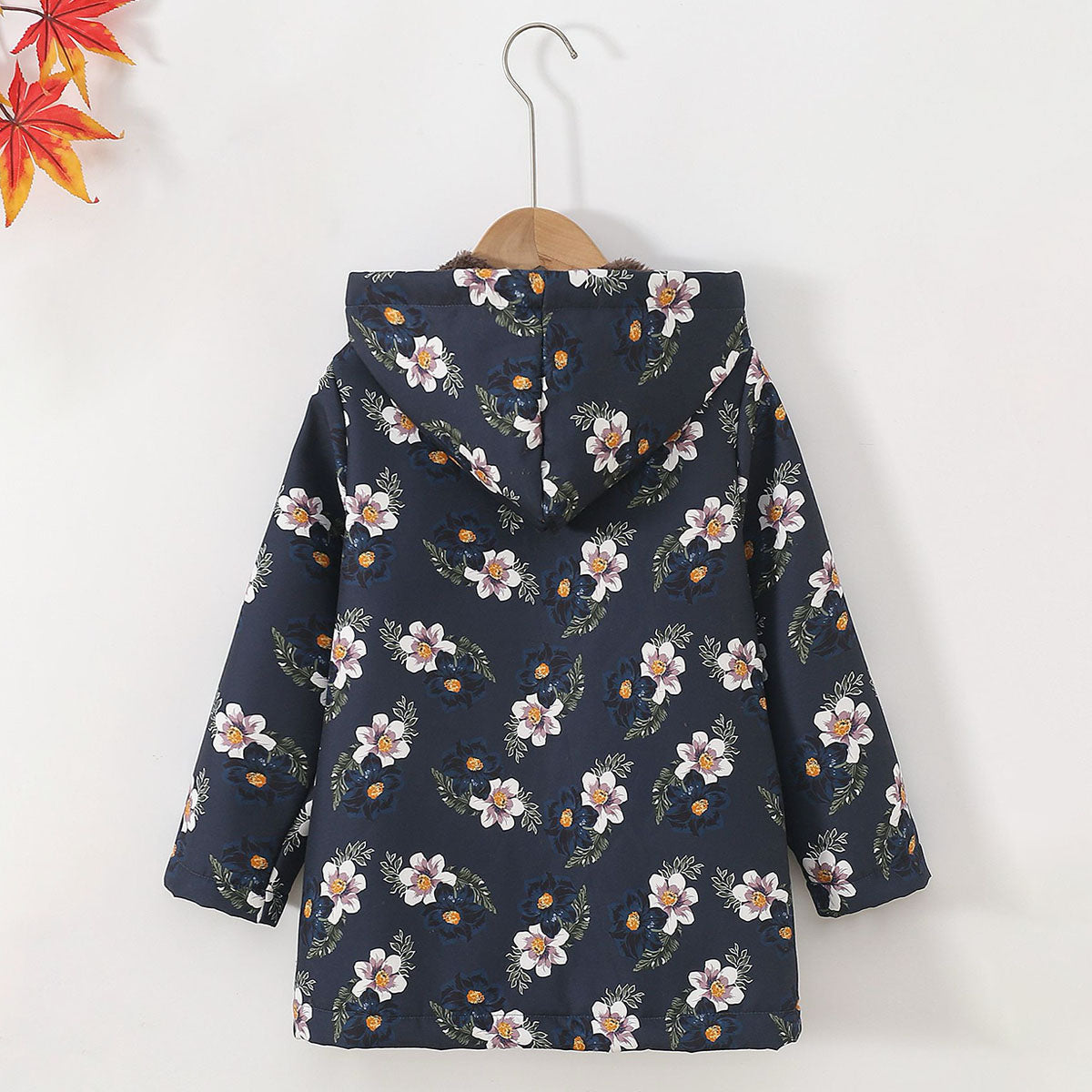 Girls Dark Blue Floral Printed Hooded Jacket Coats & Jackets
