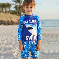 Boys Blue Shark Printed Long Sleeves T-Shirt & Shorts With Cap Swimsuit Sets Sets